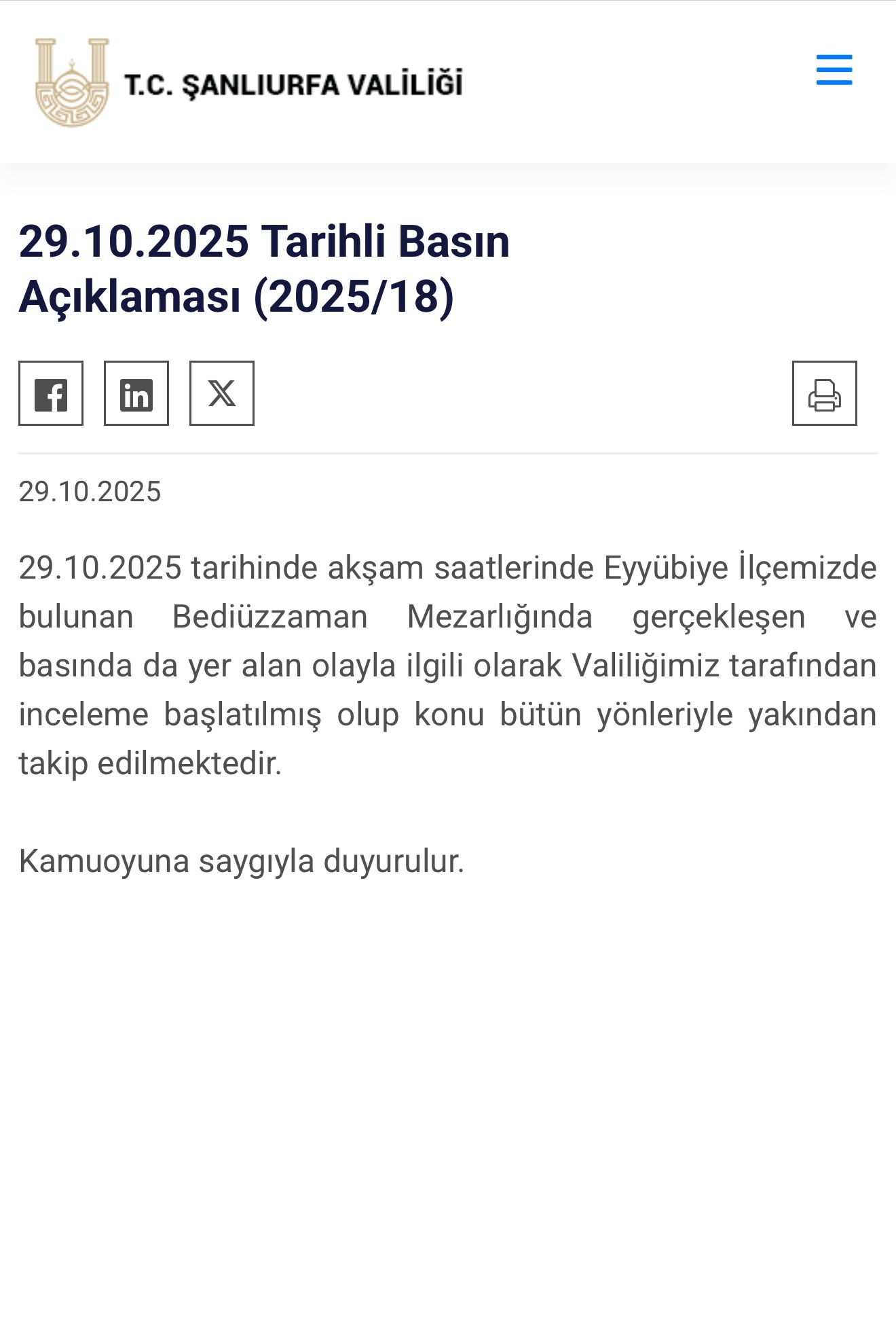 Urfa Valiliğinden Mezarlık Olayı Açıklaması