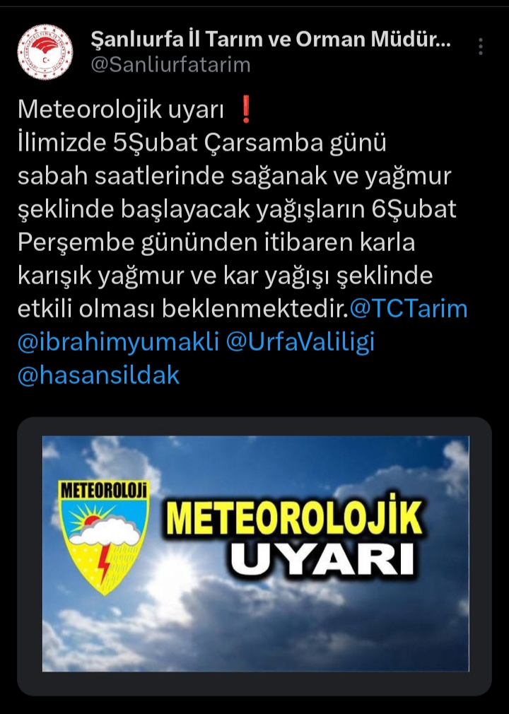 Şanlıurfa'ya Sağanak Yağış ve Kar Uyarısı
