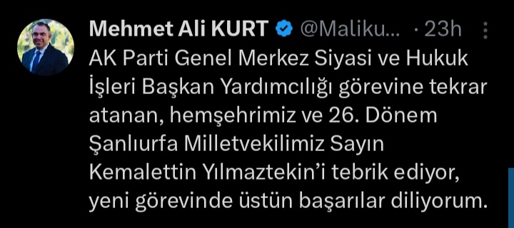 AK Parti MKYK Üyesi Kurt'tan Yılmaztekin'e Hayırlı Olsun Tweeti