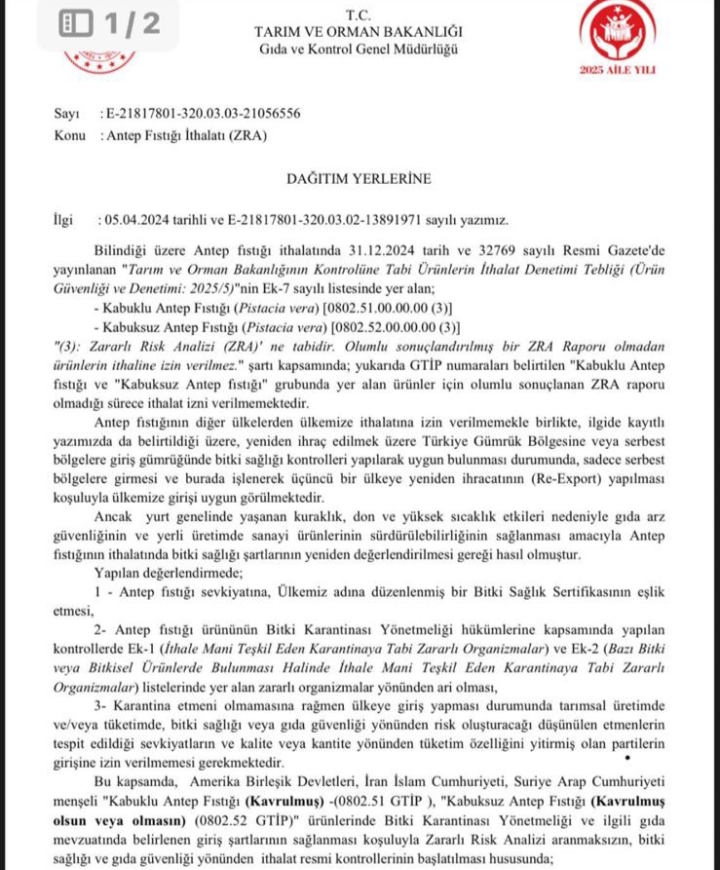 Urfa Fıstığı İthalatına Yeni Düzenleme